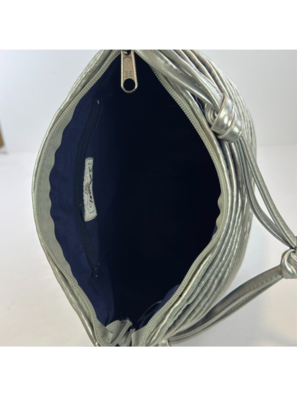 Worthington Straw Woven Shoulder Bag Purse Handbag Blue Silver Stripe Lined - Picture 5 of 16